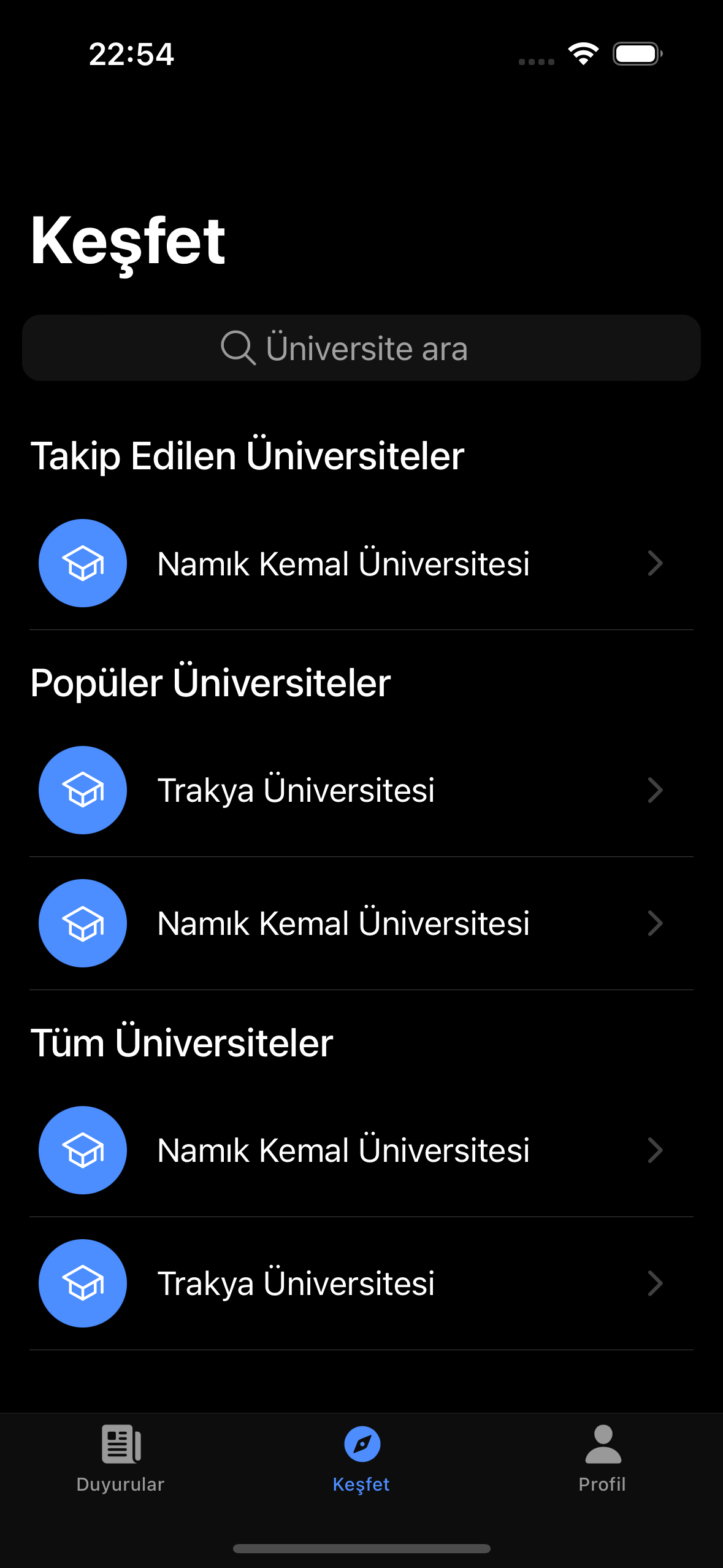 Keşfet sayfası - Üniversite arama ve takip
